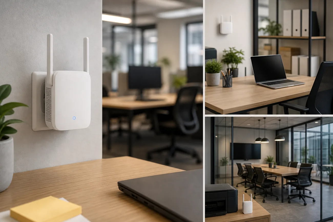 Wi-Fi range extender improving office Wi-Fi coverage near conference room and desks